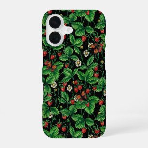 Wilde aardbeien op zwart iPhone 16 hoesje