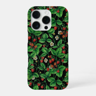 Wilde aardbeien op zwart iPhone 16 pro hoesje