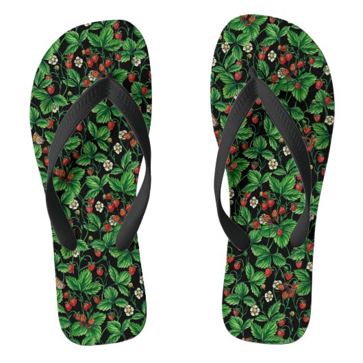 Wilde aardbeien op zwart teenslippers (Voetbed)