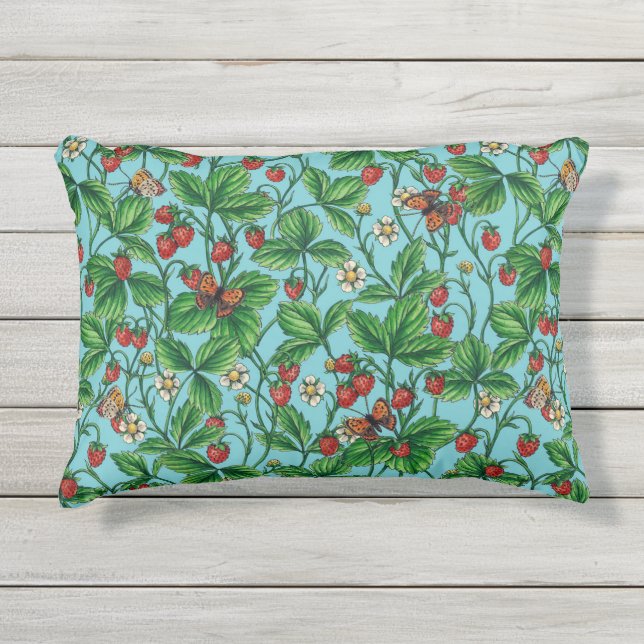 Wilde aardbeien op zwembad blauw buitenkussen (Voorkant)