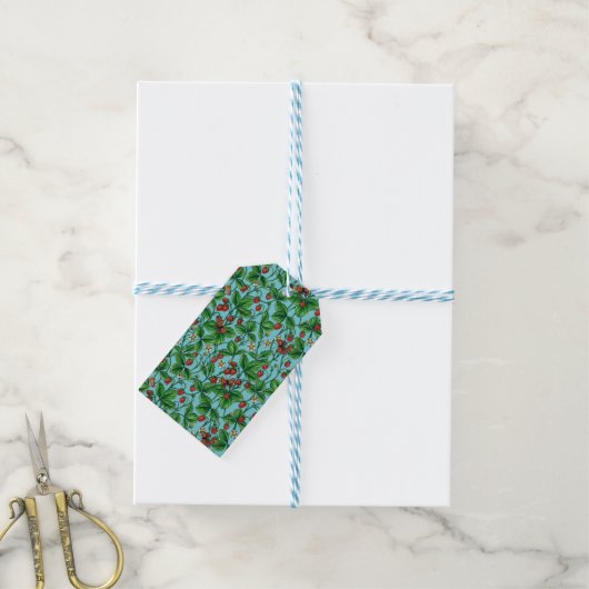 Wilde aardbeien op zwembad blauw cadeaulabel (Met Touw)