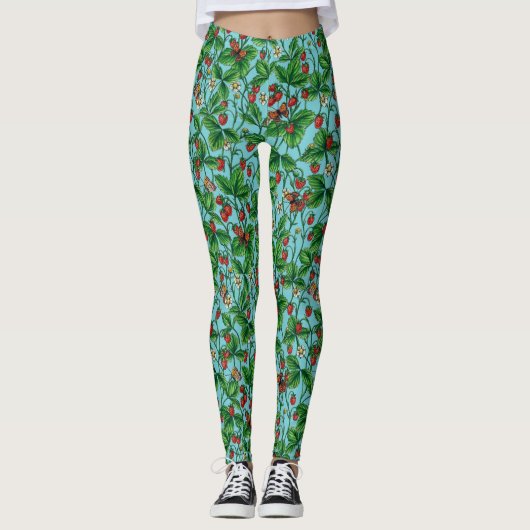 Wilde aardbeien op zwembad blauw leggings (Voorkant)