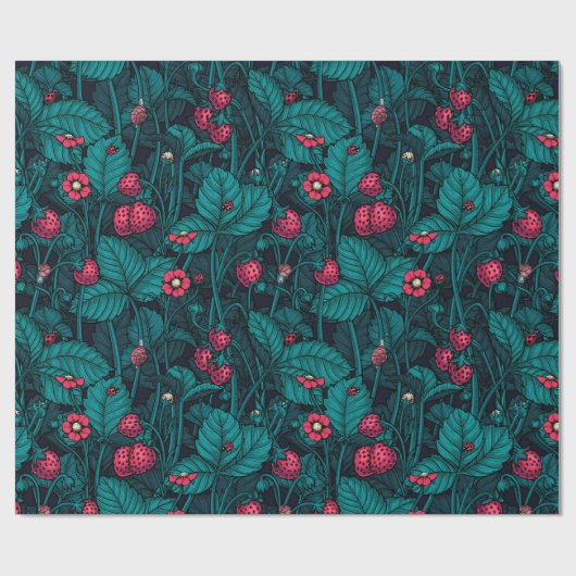 Wilde aardbeien, rood en blauw cadeaupapier (Vlak)