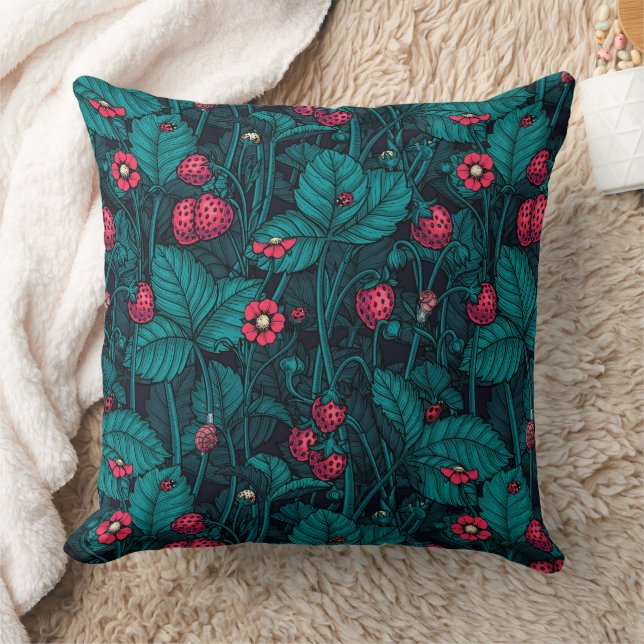 Wilde aardbeien, rood en blauw kussen (Deken)