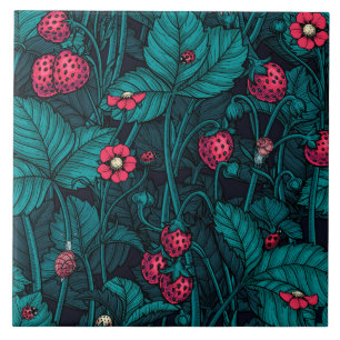 Wilde aardbeien, rood en blauw tegeltje