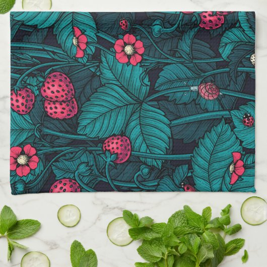 Wilde aardbeien, rood en blauw theedoek (Gevouwen)