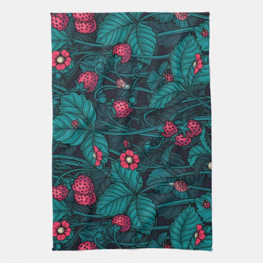 Wilde aardbeien, rood en blauw theedoek (Verticaal)