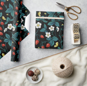 Wilde aardbeien rood/geel/blauw/zwart cadeaupapier