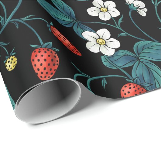 Wilde aardbeien rood/geel/blauw/zwart cadeaupapier (Rol Hoek)