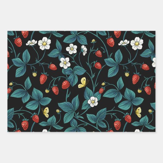 Wilde aardbeien rood/geel/blauw/zwart inpakpapier vel (Voorkant)