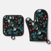 Wilde aardbeien rood/geel/blauw/zwart ovenwant & pannenlap set (Voorkant)