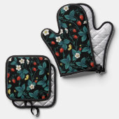 Wilde aardbeien rood/geel/blauw/zwart ovenwant & pannenlap set (Voorkant / Achterkant)