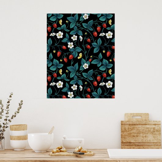Wilde aardbeien rood/geel/blauw/zwart poster (Keuken)
