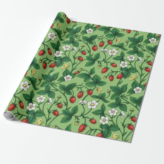 Wilde aardbeien rood/geel/groen/ cadeaupapier (Uitgerold)