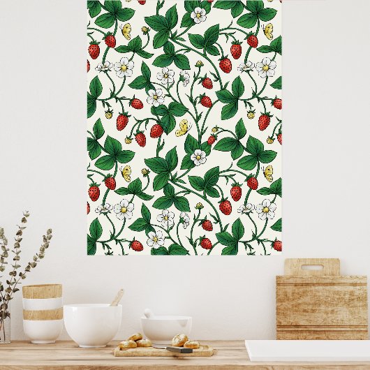 Wilde aardbeien rood/geel/groen/off white poster (Keuken)