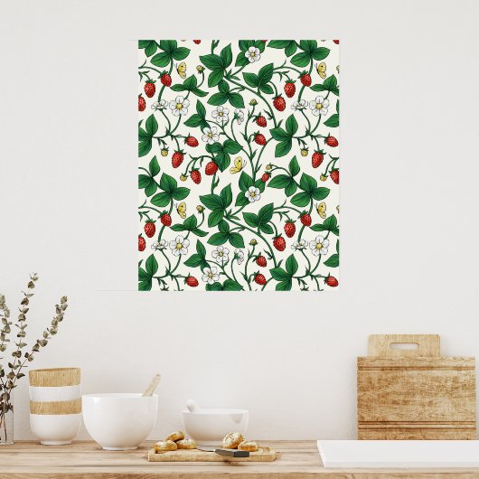 Wilde aardbeien rood/geel/groen/off white poster (Keuken)