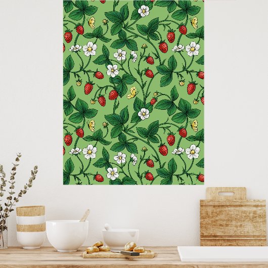 Wilde aardbeien rood/geel/groen/ poster (Keuken)