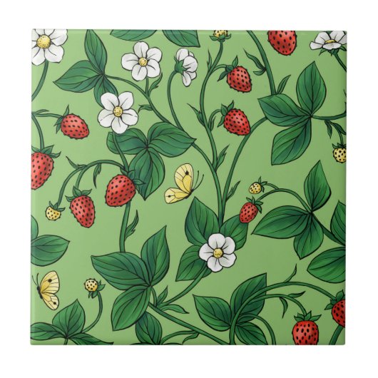 Wilde aardbeien rood/geel/groen/ tegeltje (Voorkant)
