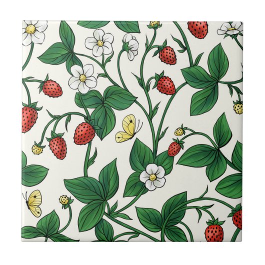 Wilde aardbeien rood/geel/groen/witcreme tegeltje (Voorkant)