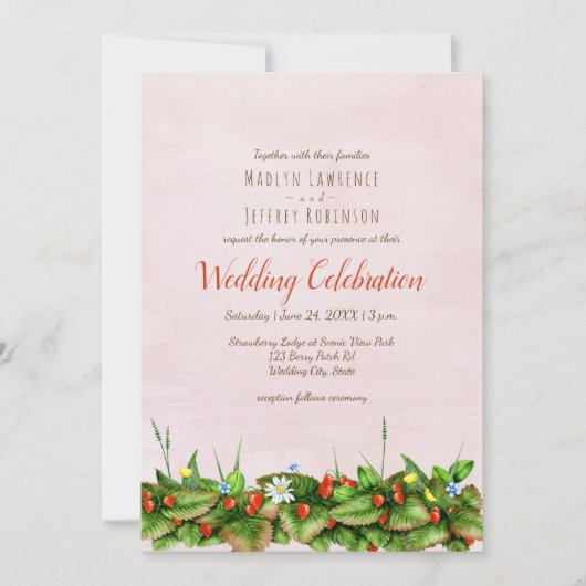 Wilde aardbeien weide bloemen blozen bruiloft kaart (Voorkant)