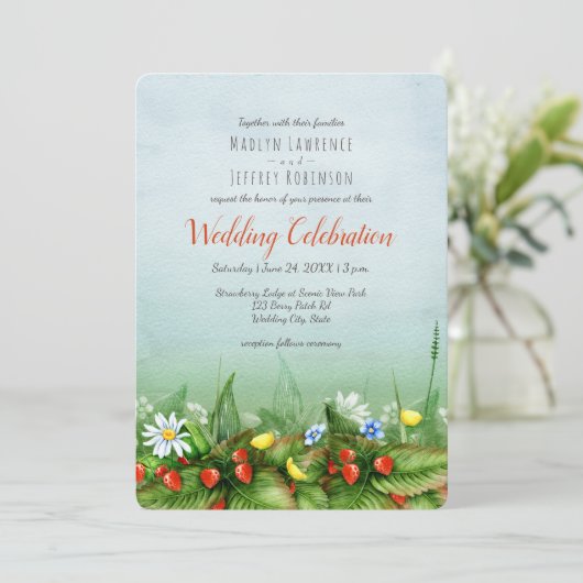 Wilde aardbeien weide wilde bloemen rustieke bruil kaart (Staand voorkant)