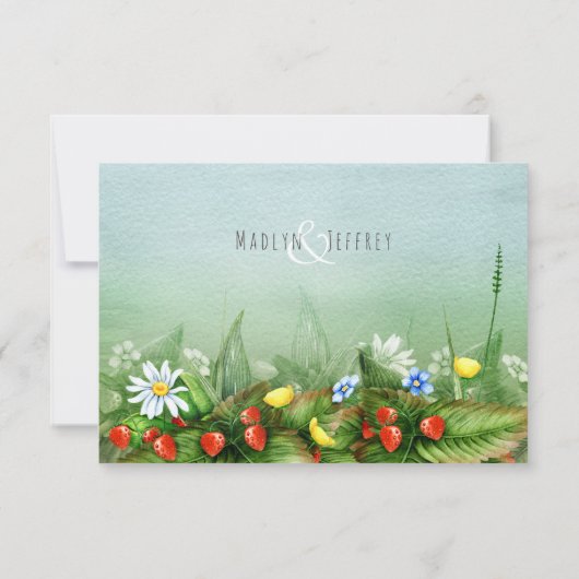 Wilde aardbeien wilde bloemen weide blauwe lucht R RSVP Kaartje (Achterkant)