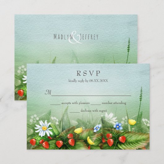 Wilde aardbeien wilde bloemen weide blauwe lucht R RSVP Kaartje (Voorkant / Achterkant)