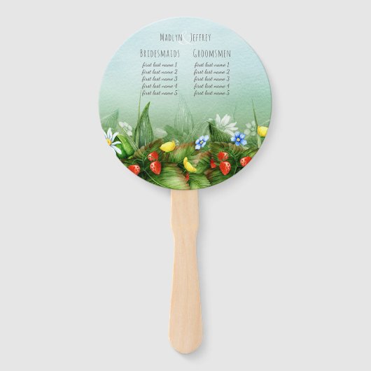 Wilde aardbeienweide Blauwe Hemelvaart bruiloft Handwaaier (Achterkant)