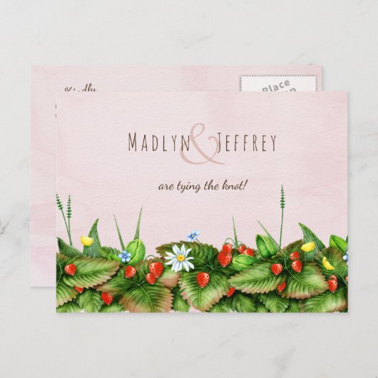 Wilde aardbeienweidebloemen blozen waterverf aankondigingskaart (Voorkant / Achterkant)