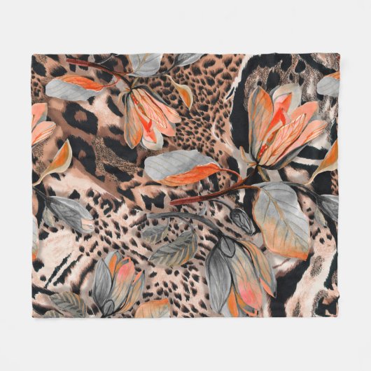 Wilde afrikaanse huid met bladerbloemen fleece deken (Voorkant (Horizontaal))