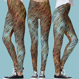 Wilde Aqua Blauwe Bruine en Oranje Stam Abstracte Leggings