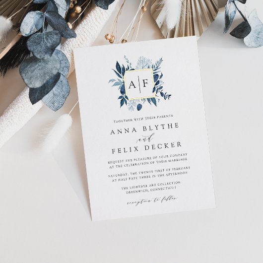 Wilde Azure Monogram Huwelijk Folie Uitnodiging