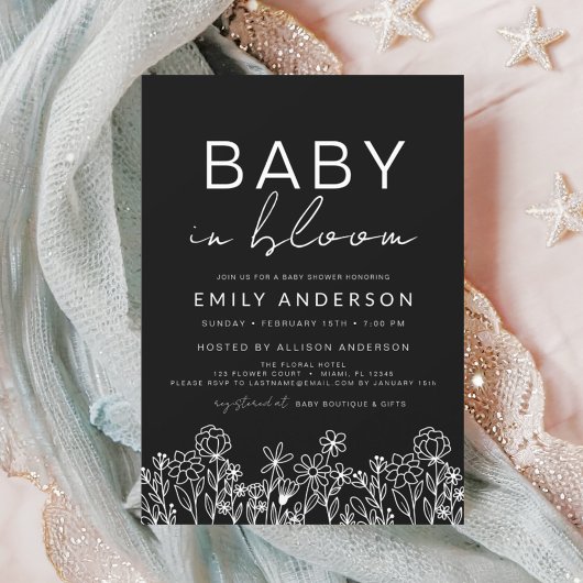 Wilde Baby in Bloom Baby shower Black White Kaart