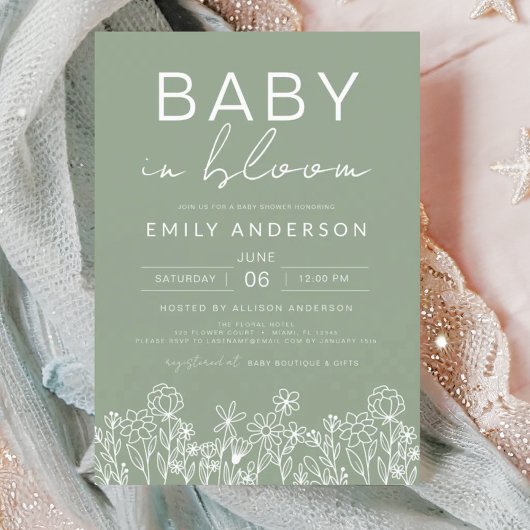 Wilde Baby in Bloom Baby shower Sage Green Kaart