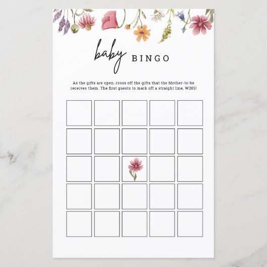Wilde Baby shower Floral Baby Bingo Game Card (Voorkant)