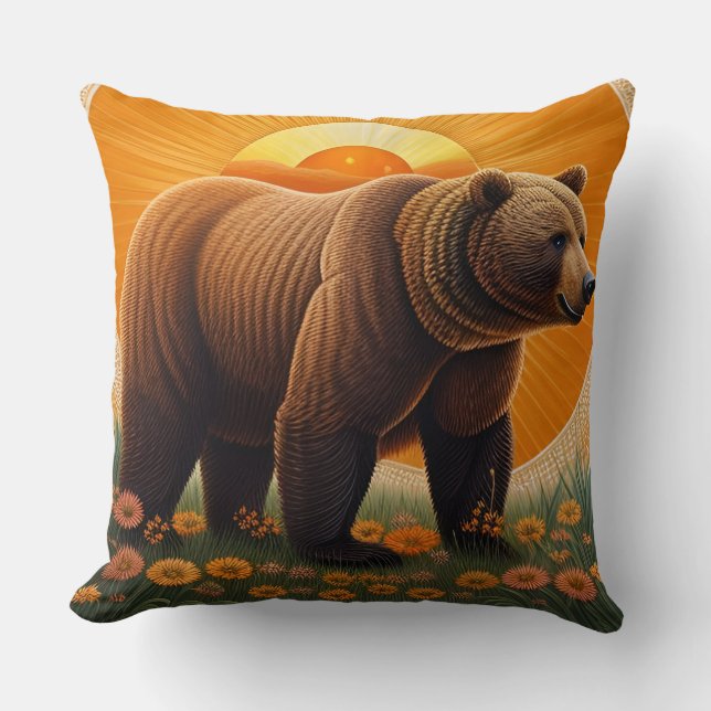 🐻 Wilde Beer Majesteit – Gouden Veld Natuur Scene Kussen (Voorkant)