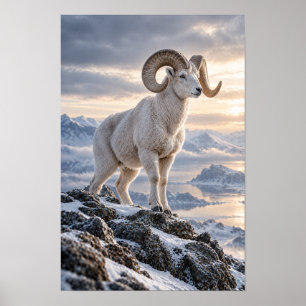 Wilde bergram op besneeuwde alpiene richel wildlif poster
