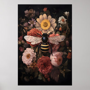 Wilde bij in donkere bloem, sombere hommelprint poster