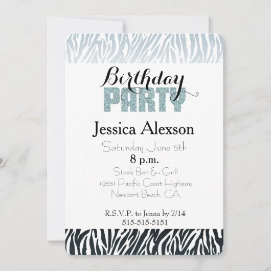 Wilde Blauwe Zwarte Zebra Verjaardag Glitter Feest Kaart (Voorkant)