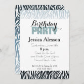 Wilde Blauwe Zwarte Zebra Verjaardags Glitter Fees Kaart (Voorkant / Achterkant)