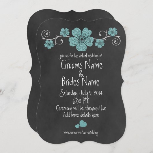 Wilde Blauwgroen Rozen Chalkboard Virtual Wedding Kaart (Voorkant / Achterkant)