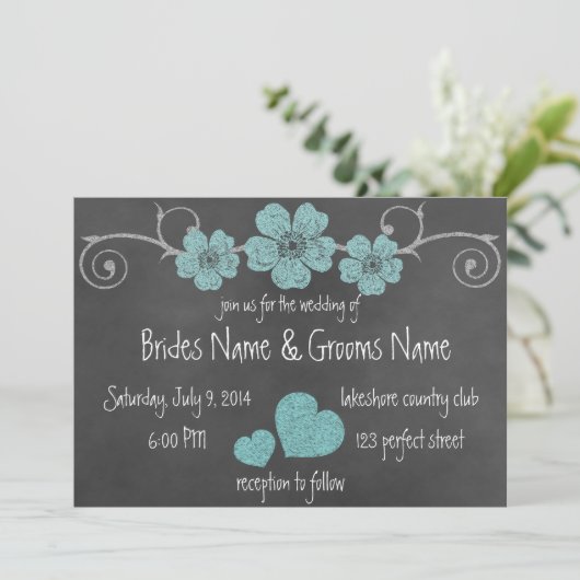 Wilde Blauwgroen Rozen Chalkboard Wedding Uitnodig Kaart (Staand voorkant)