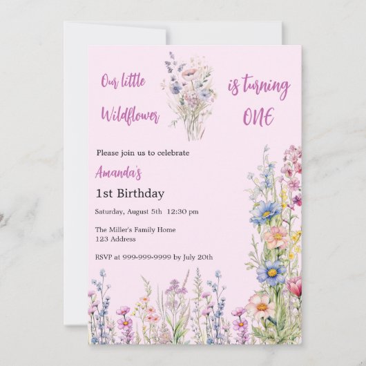 Wilde bloem 1e verjaardag roze paarse meisje kaart (Voorkant)