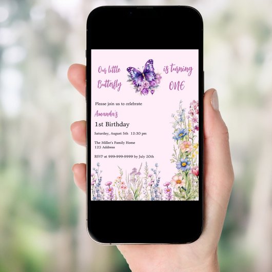 Wilde bloem 1e verjaardag roze paarse meisje kaart