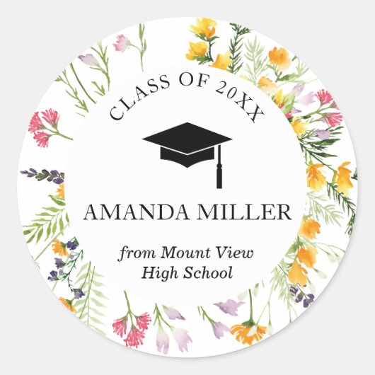 Wilde bloem afstuderen gepersonaliseerd afstuderen ronde sticker (Voorkant)