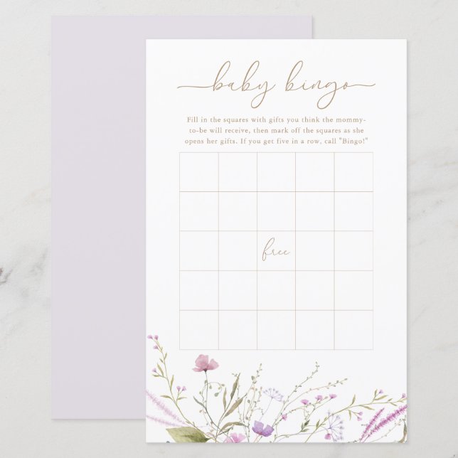 Wilde bloem Baby Bingo Kaart (Voorkant / Achterkant)
