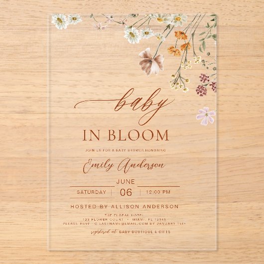 Wilde Bloem Baby in Bloei Baby Shower Acryl Uitnodigingen (Voorkant)