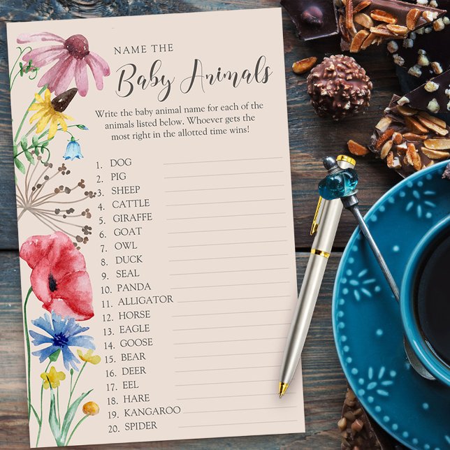 Wilde bloem Baby shower Baby Dierennaam Quiz Game (Baby Animals Baby Shower quiz game from my Wildflower Charm collection)