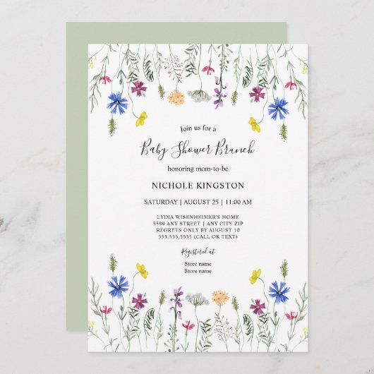 Wilde bloem Baby shower Brunch Uitnodiging (Voorkant / Achterkant)