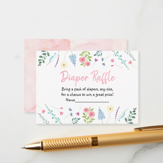 Wilde bloem Baby shower Diaper Raffle Informatiekaartje (Voorkant / Achterkant in situ)